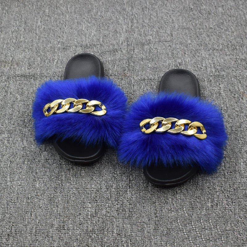 Fur Fur Slippers Chain Faux Fur Flip Flops