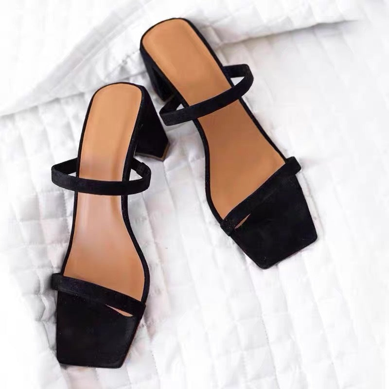 One Word Belt High Heels Square Toe Thick Heel Sandals For Outer Wear