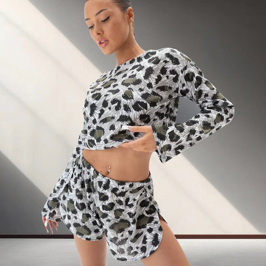 Leopard-print Short-length Long-sleeve Shorts Pajama Set For Women