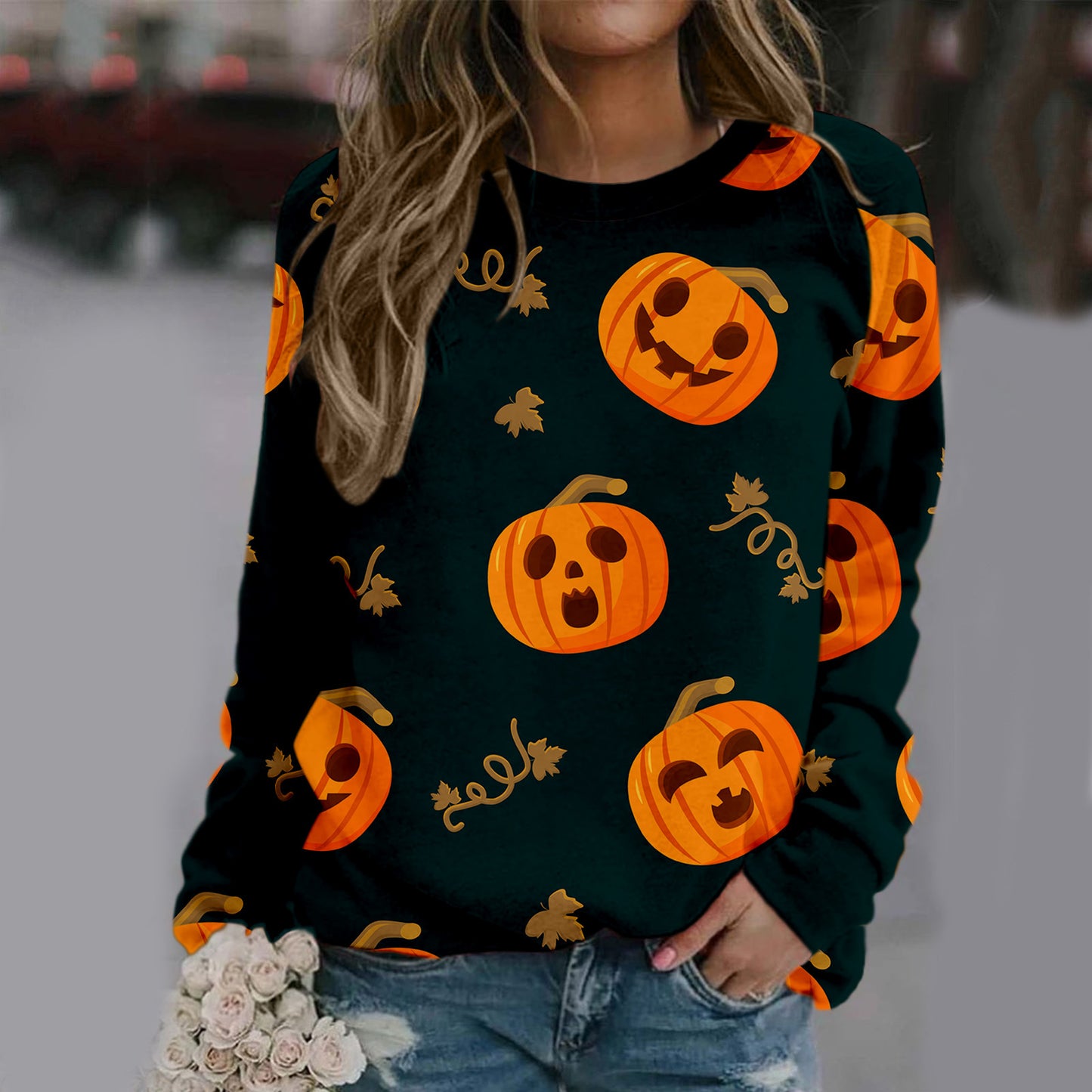 Halloween kvinders trykte behagelige langærmede sweater med rund hals