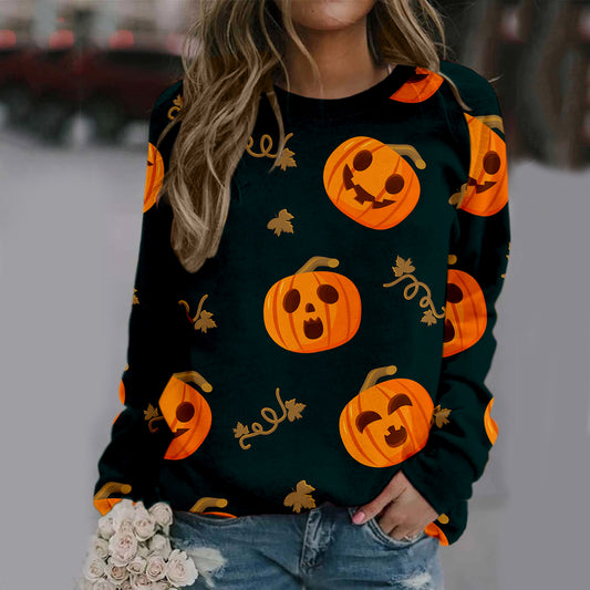 Halloween kvinders trykte behagelige langærmede sweater med rund hals