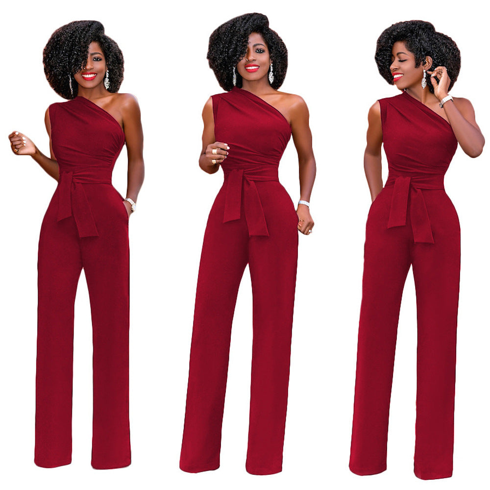 Solid-color Slanted-collar Buttoned Jumpsuit With Wide Legs