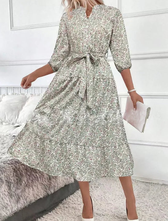 Women's Retro Mini Floral Pattern Print Long Sleeve Maxi Dress