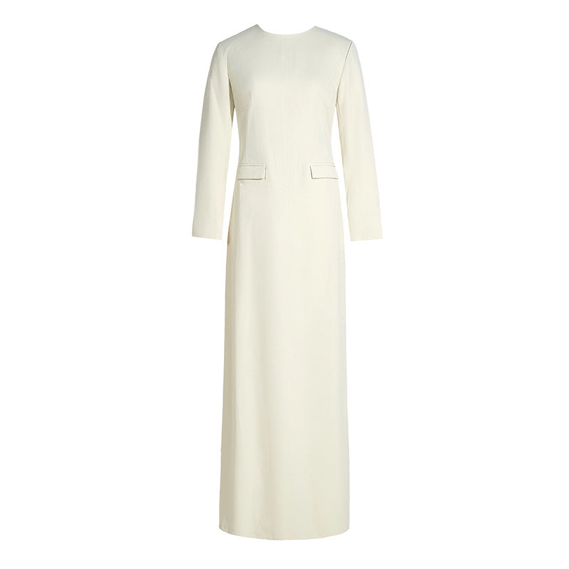 Womens Crew-Neck Long-Sleeve Slit Simple Slim-Fit Elegant Maxi Dress