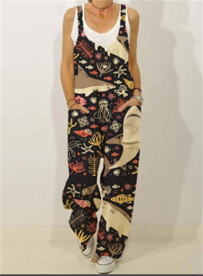 Women's Animal Floral Botanical Print Casual Sleeveless Loose Jumpsuit