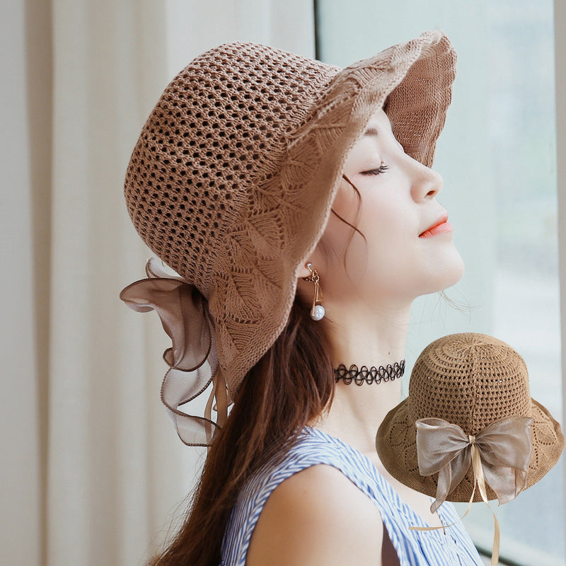 Women's Satin Bow Cotton Linen Sun Hat Foldable