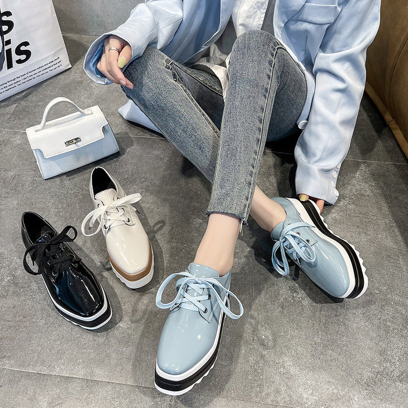 Women's Lace-up Square Toe Patent Leather Platform Shoes