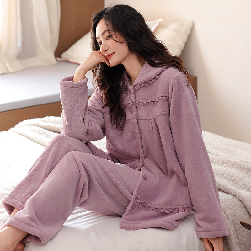 Womens Flannel Pajama Set With Thick Fleece Lining