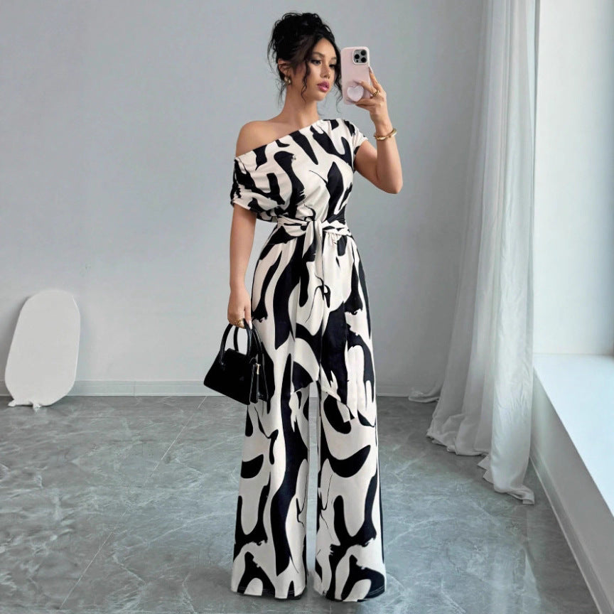 Vacation Style Slant Shoulder Strap Wide Leg Jumpsuit