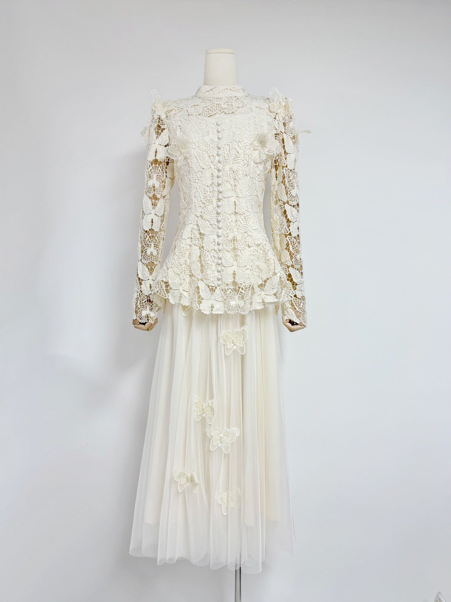 Womens Lace Jacquard Patchwork Top And Mesh Skirt Set