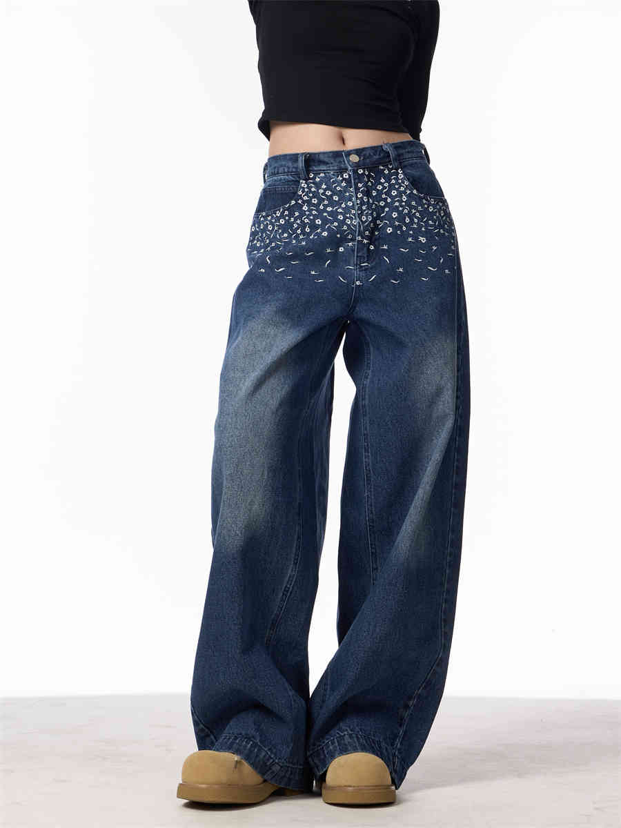 Vintage Floral Embroidered Straight Jeans Women Loose Casual Wide-leg Trousers