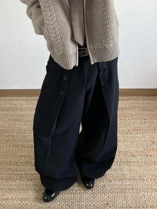 American Retro Black Button Pleated Suit Pants