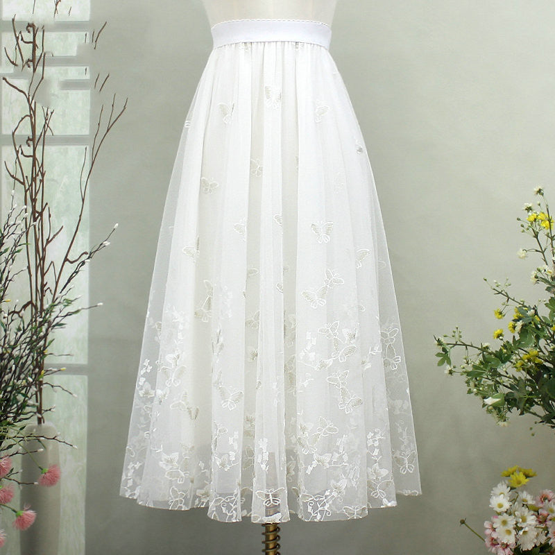 Drape Butterfly Embroidered Gauze Skirt