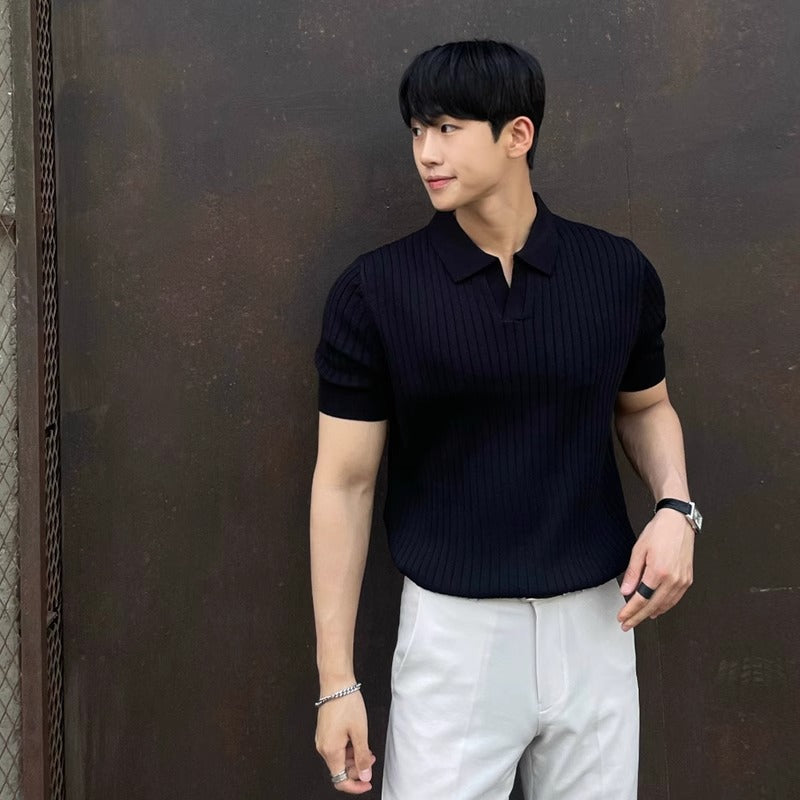 Sommer striber kortærmet POLO Shan herre koreansk slim fit revers ensfarvet afslappet tynd halværmet trend strikket top