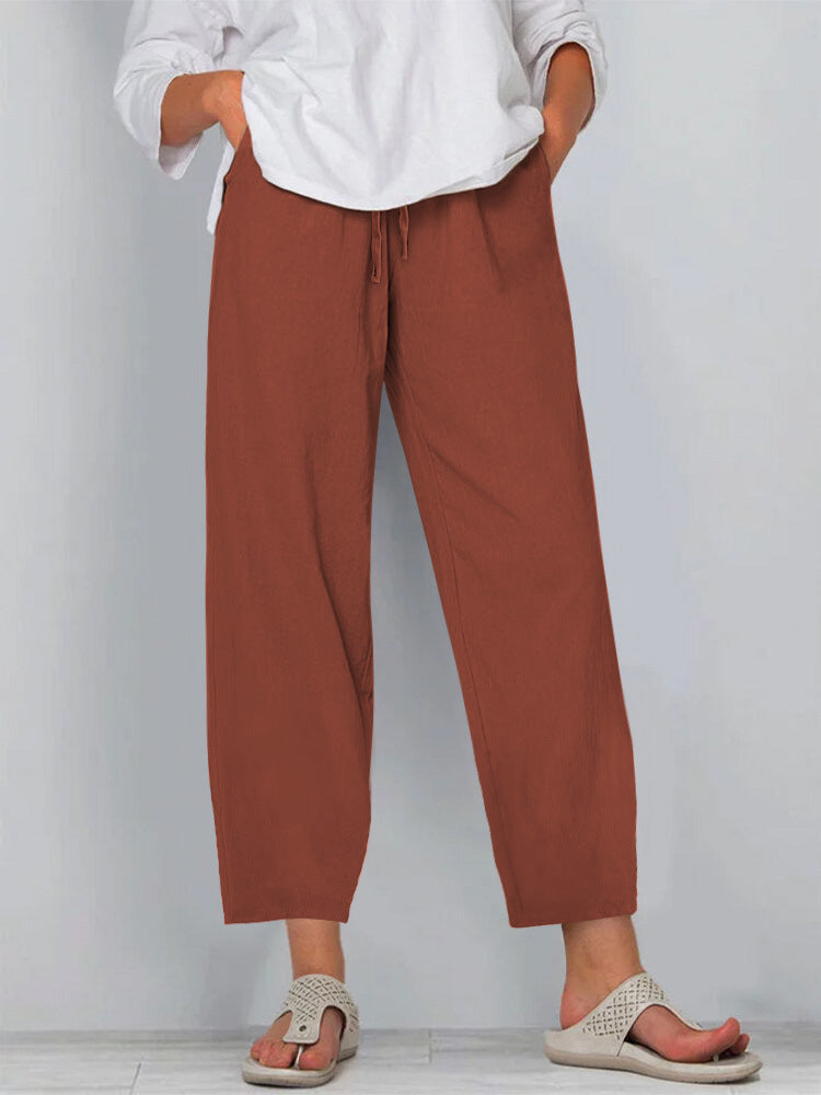 Elastic Waist Solid Color Cotton And Linen Wide Leg Casual Trousers