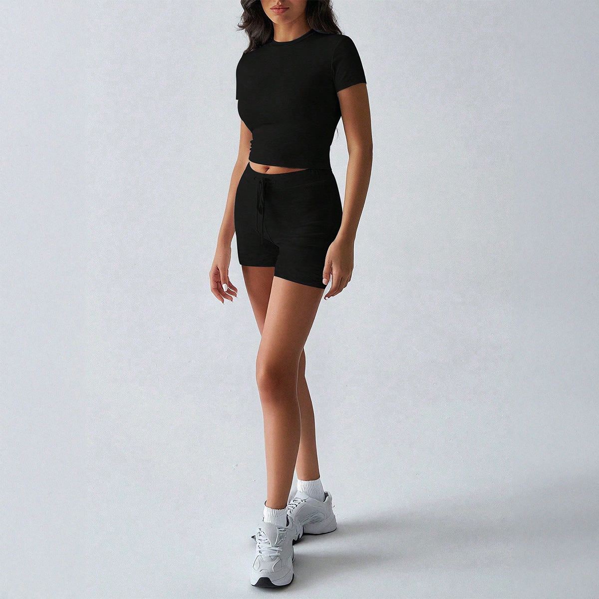 Yoga Active Wear Solid-Color Short-Sleeve Drawstring Shorts Set