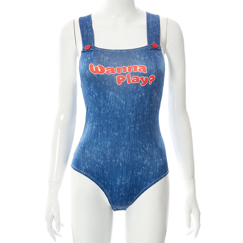 Women's Summer Tight Sport Letters Printed Jumpsuit Two-piece Set
