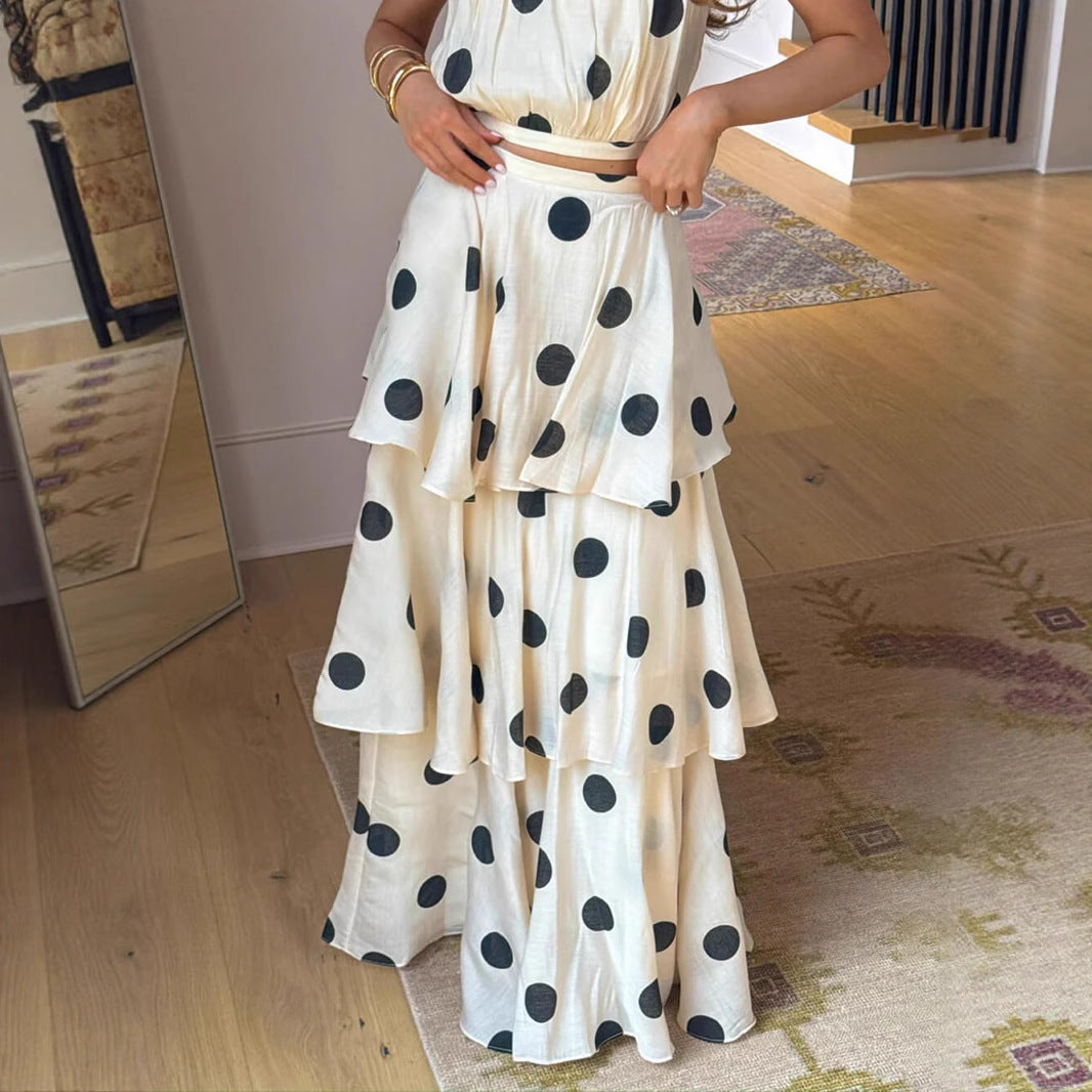 Polka-dot Printed Halterneck Sleeveless Top And Skirt Set