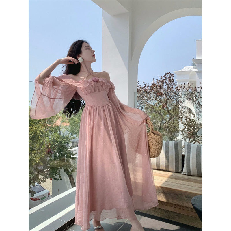 Off Shoulder Neck Seaside Holiday Dress For Women