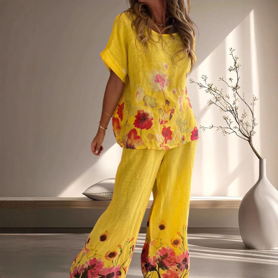 Women's Versatile Artistic Retro Cotton-Linen Short-Sleeve Set