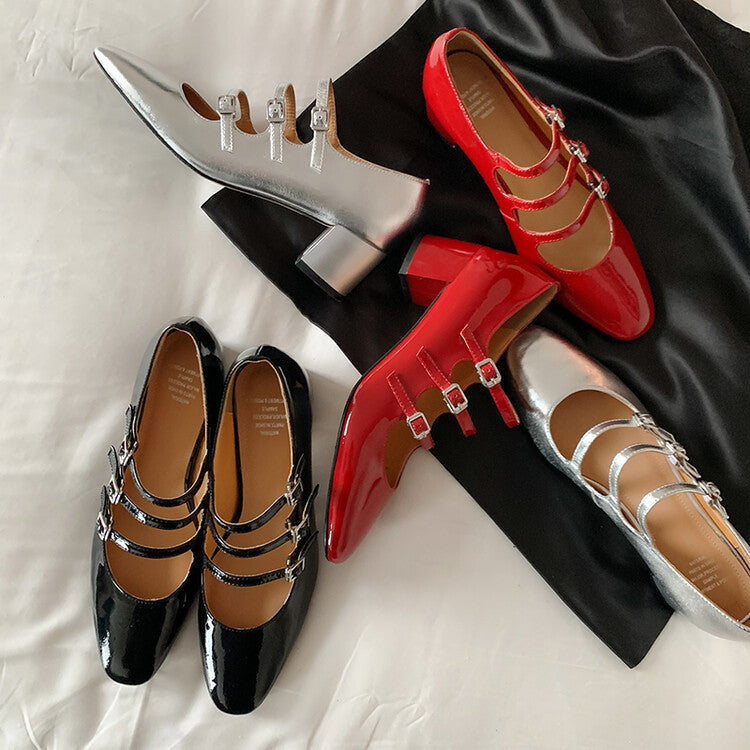 Women's Round Toe Buckle Thick Mid Heel Pumps Shoes