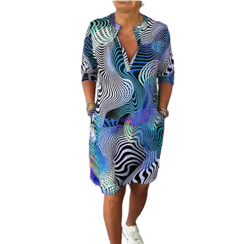 Middle-sleeve Floral-print V-neck Dress