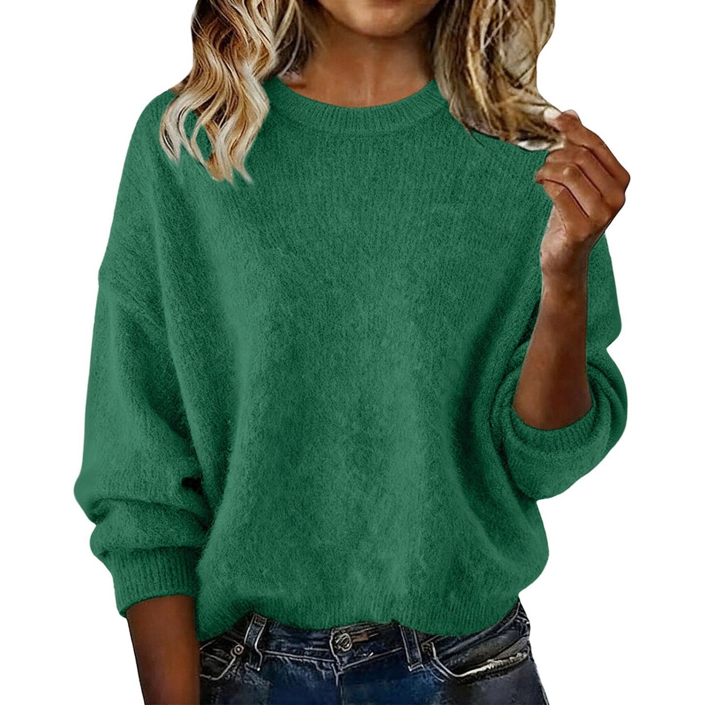 Fashionable Crew-neck Solid-color Sweater
