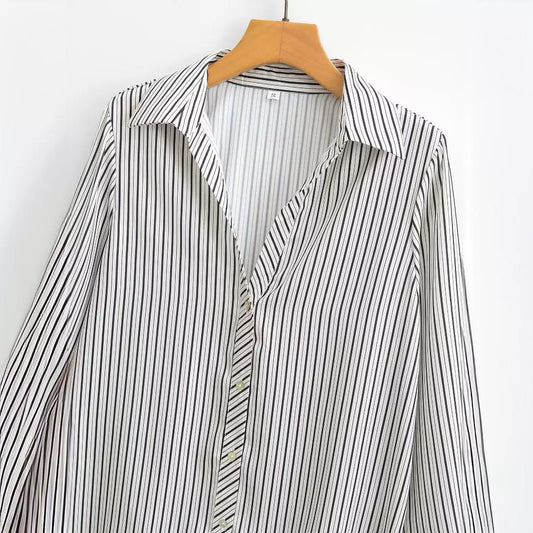 European And American Women's Fashion Lapel Long-sleeve Striped Shirt