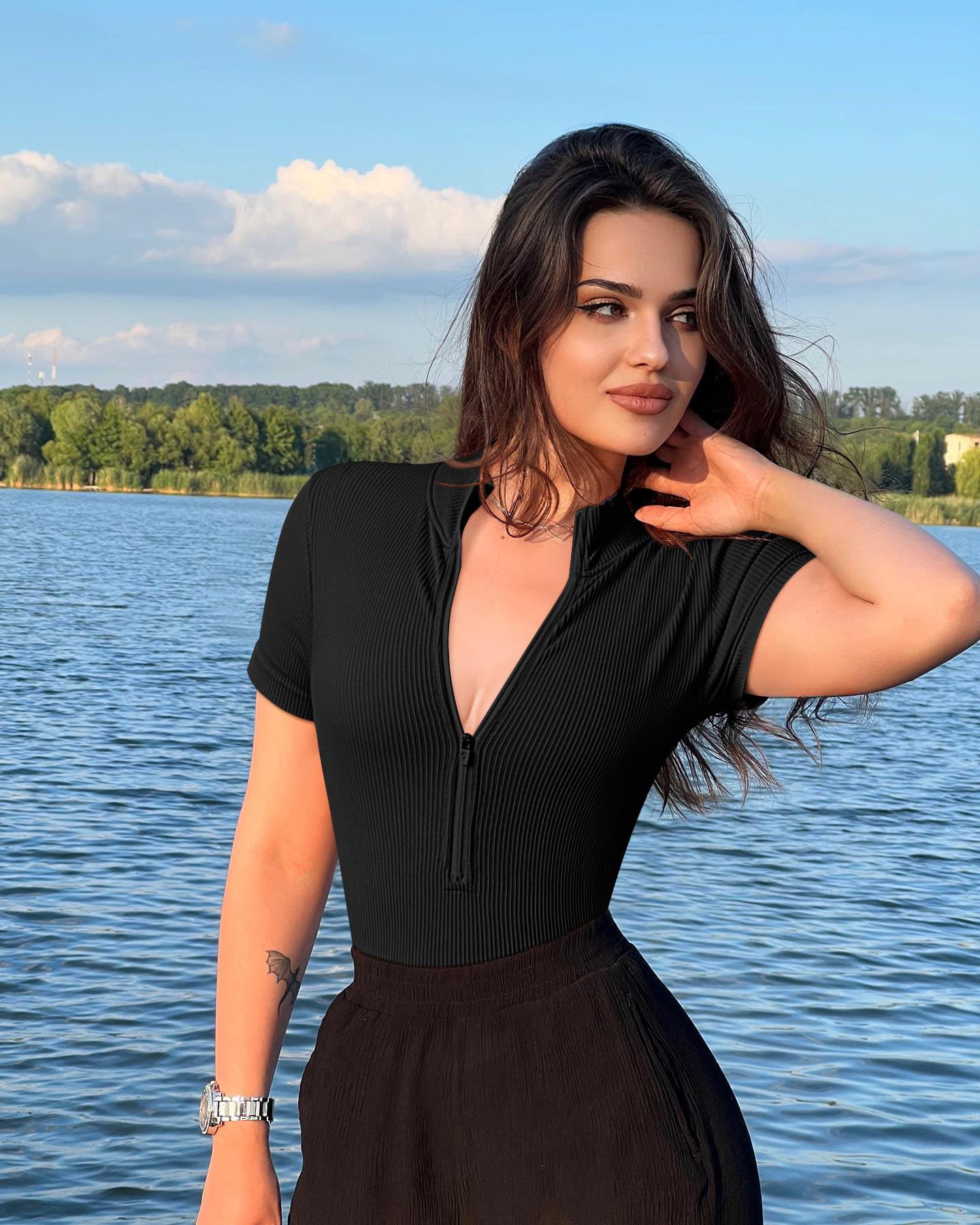 Dame Jumpsuit Rib Kortærmet Lynlås