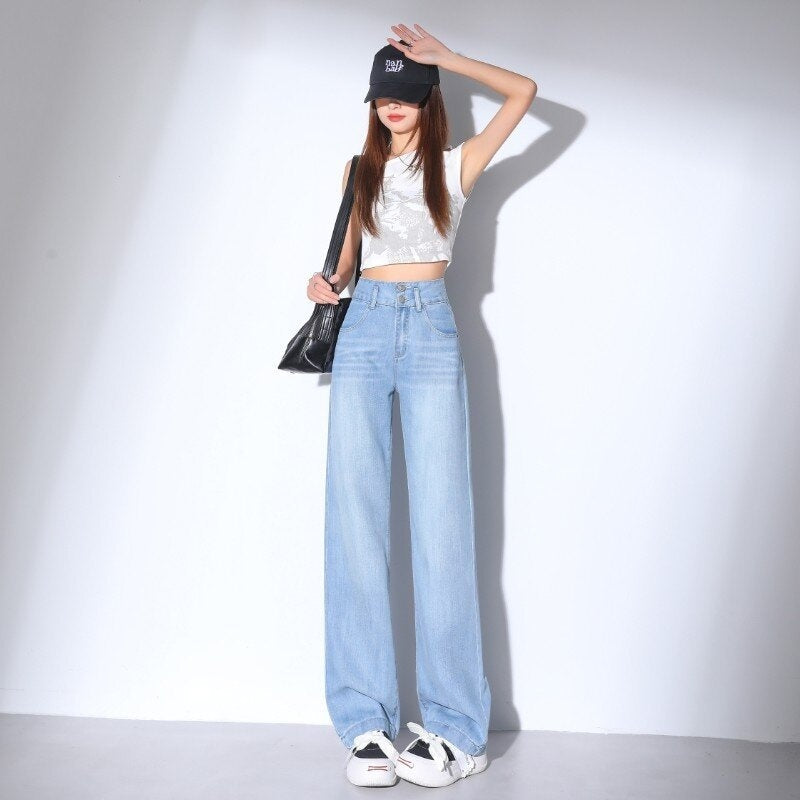 Lyocell Jeans Women's Summer Wide Leg High Waist Thin Loose
