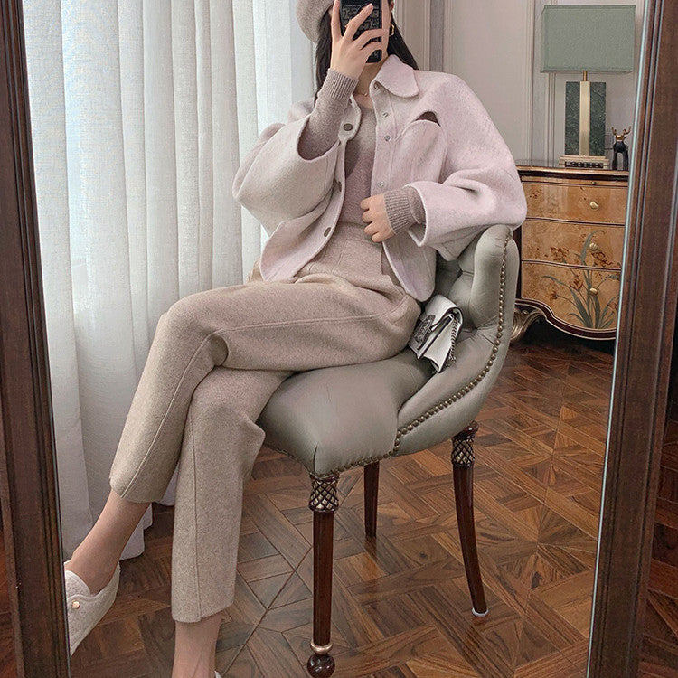 White Knitted Pants Woven Wide Leg