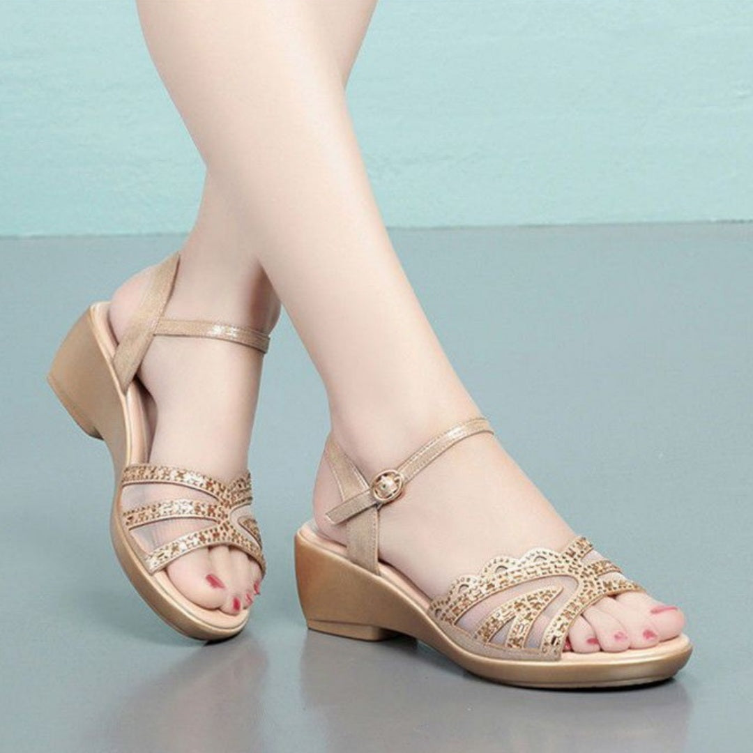 Women's Summer Chunky Mid Wedge Sandals With One Line Buckle Heels