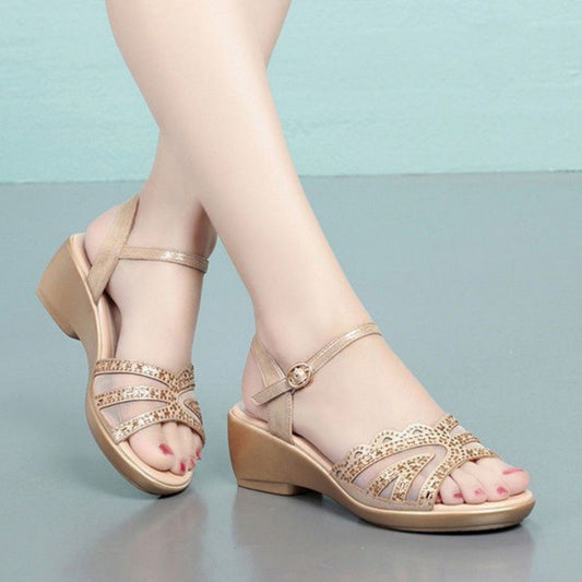Women's Summer Chunky Mid Wedge Sandals With One Line Buckle Heels