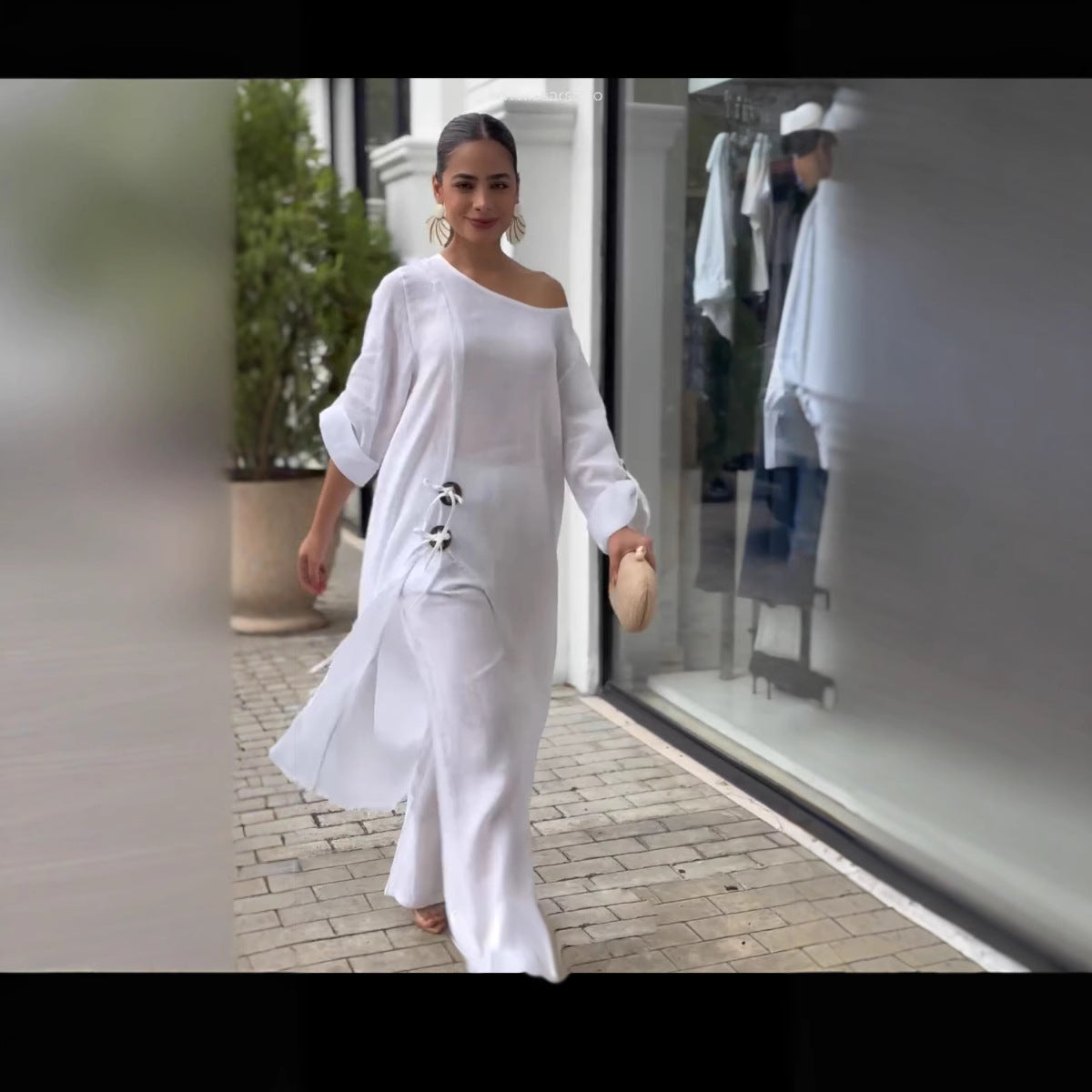 Wooden-button Loose Asymmetrical Robe Set With Long Pants