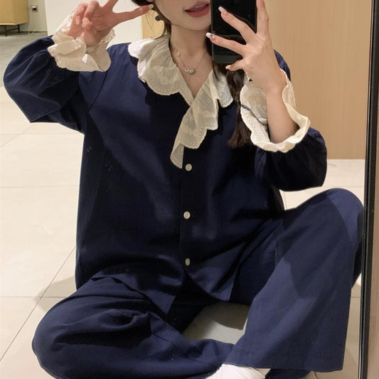 Sweet All-Cotton Lace-Trimmed Long-Sleeve Loungewear Pajama Set