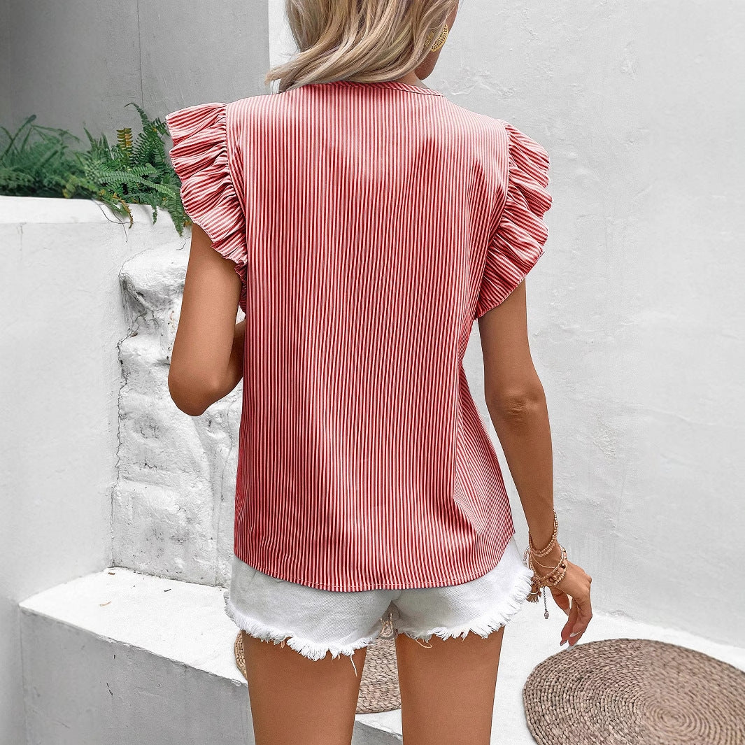 Loose Striped Top With French-Style Strap And Ruffle Sleeves