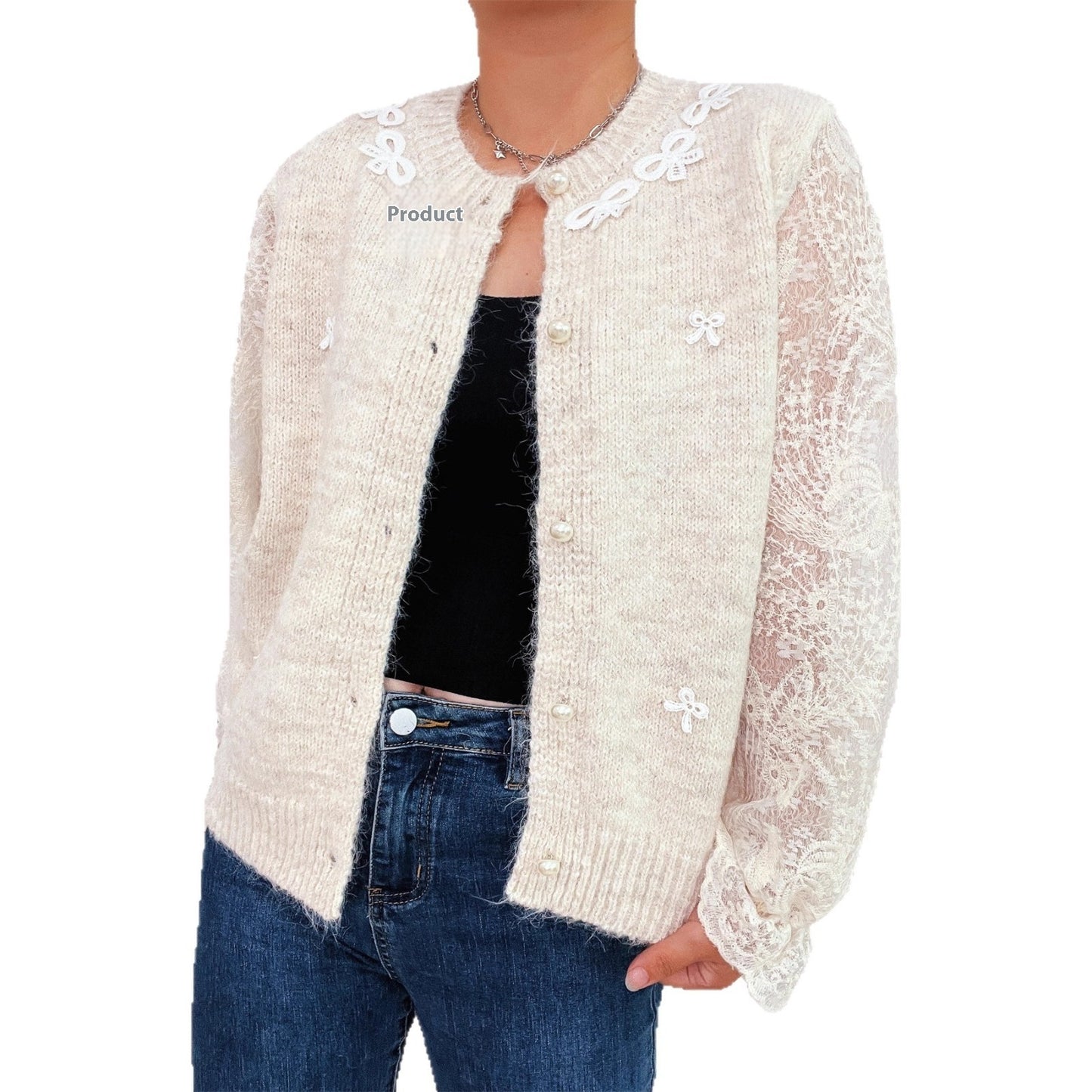 Commuter Lace Sleeves Stitching Bow Knitted Button Sweater Cardigan