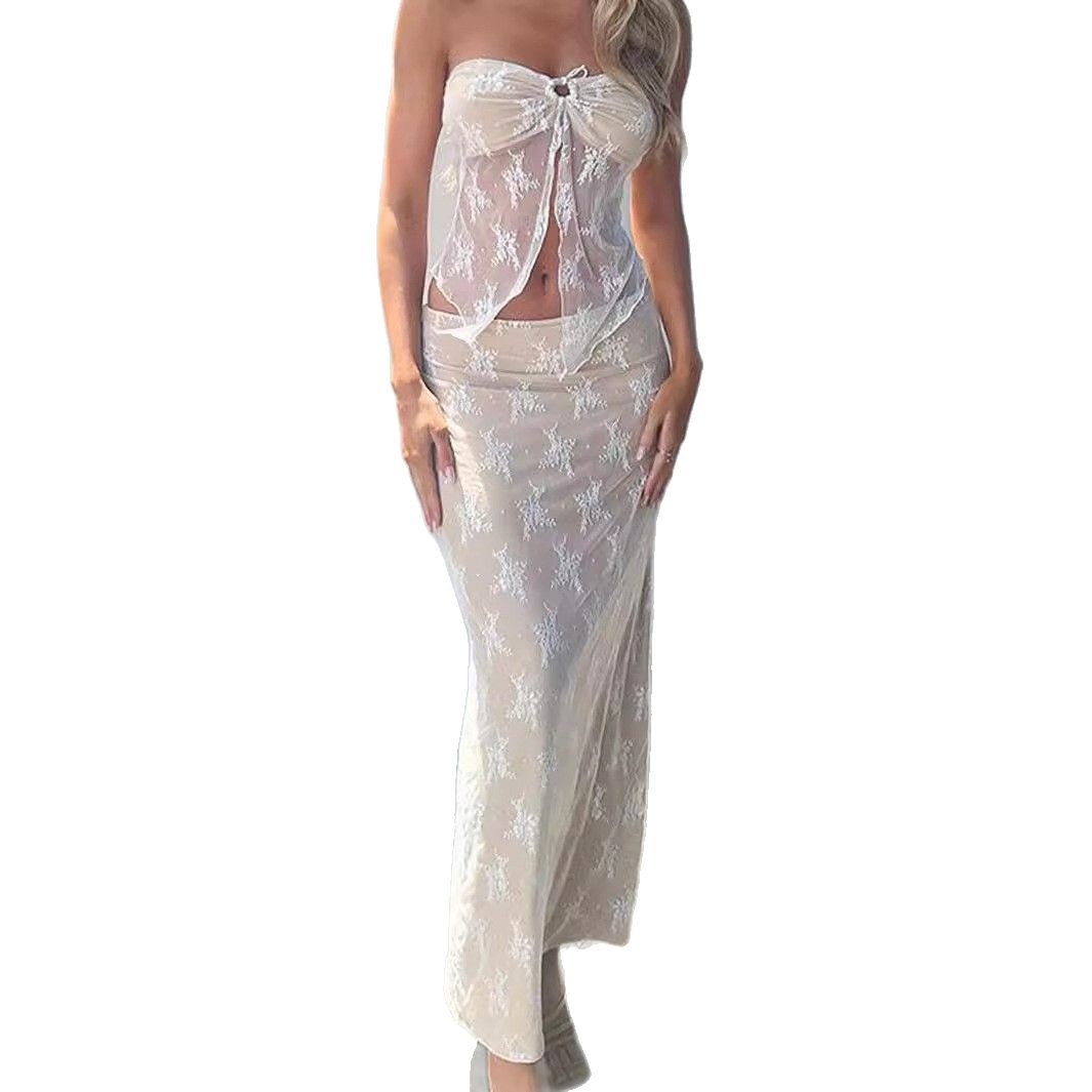 Womens Sexy Hollowed-Out Lace Top And Long Skirt Set