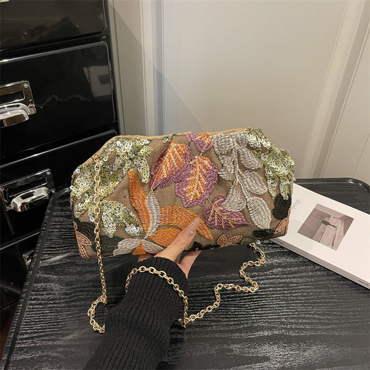 Chain-Strap Embroidered Fashion Clutch Bag