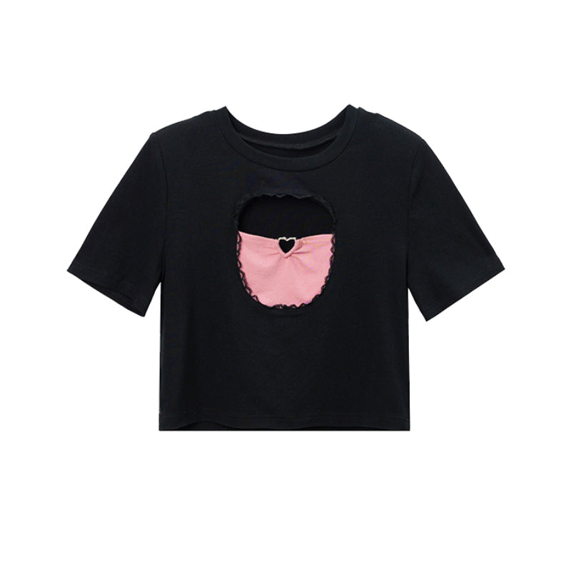 Black Short T-shirt Female Summer Hollow Out Midriff-baring Short Sleeve