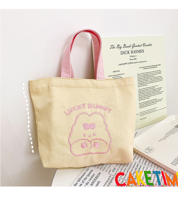 Portable Canvas Embroidery Cartoon Student Simple Handbag