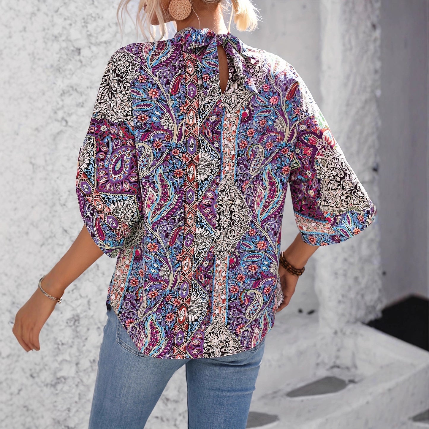 Paisley-print V-neck Loose-fit Long-sleeve Womens Blouseundershirt