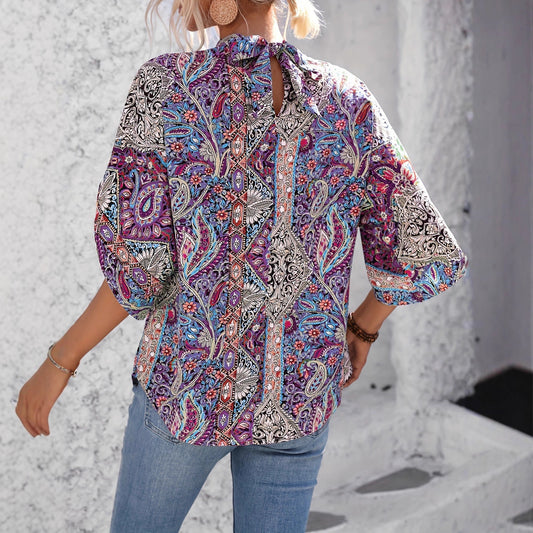 Paisley-print V-neck Loose-fit Long-sleeve Womens Blouseundershirt