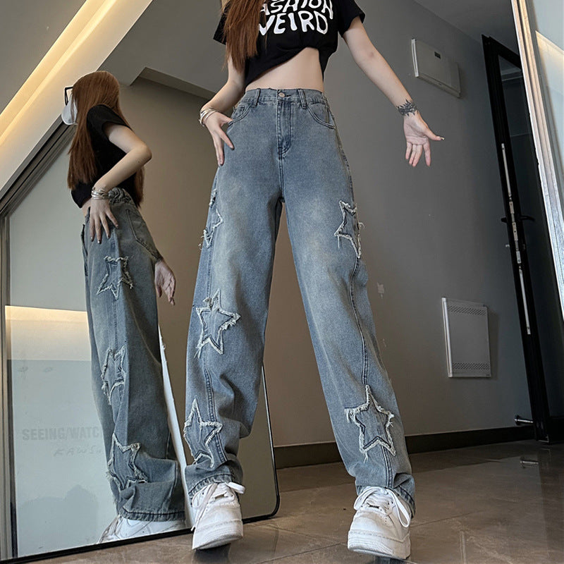 Blå XINGX Broderede Jeans Dame Løse Bukser med Lige Ben og Vide Ben
