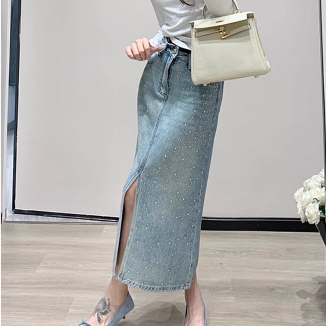 Dame minimalistisk varmstemplings denimnederdel med elastik