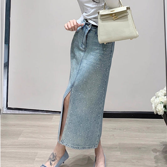 Dame minimalistisk varmstemplings denimnederdel med elastik
