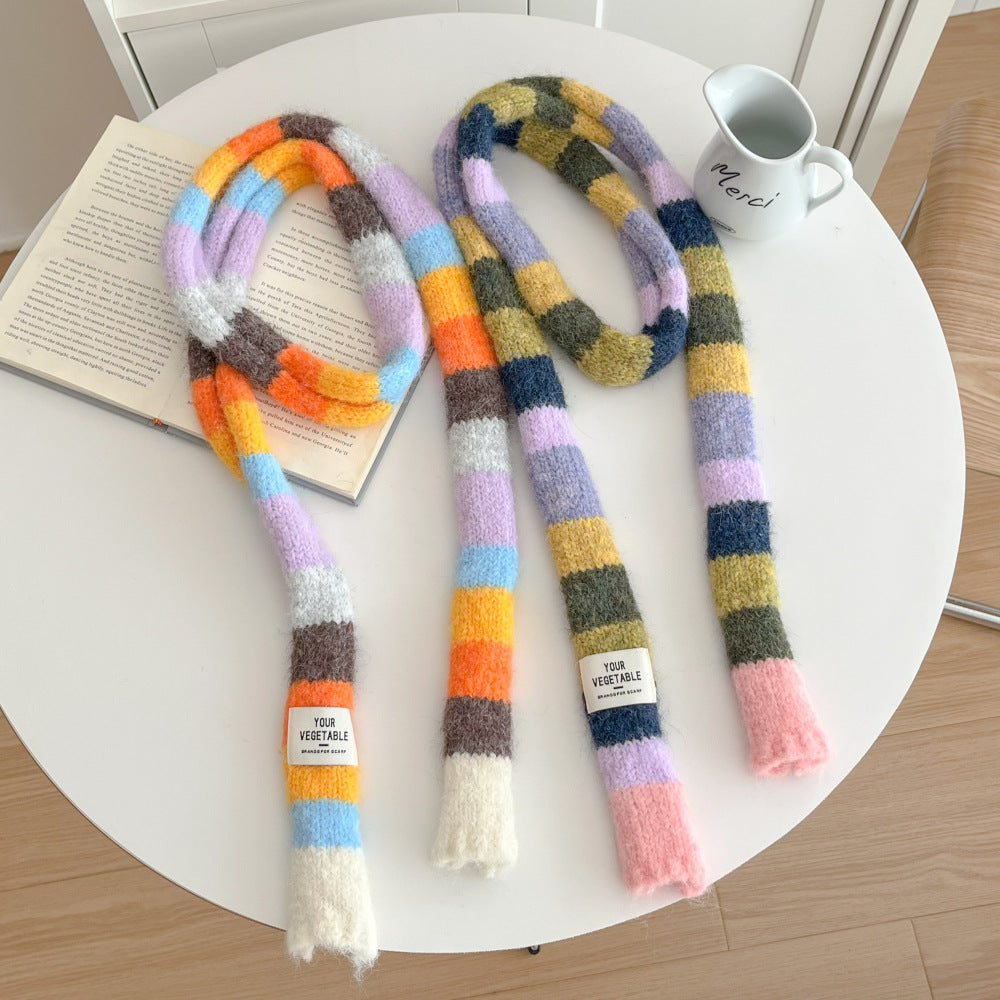 Versatile Narrow Rainbow-colored Retro Slim Long Scarf With A Chic Knitted Design