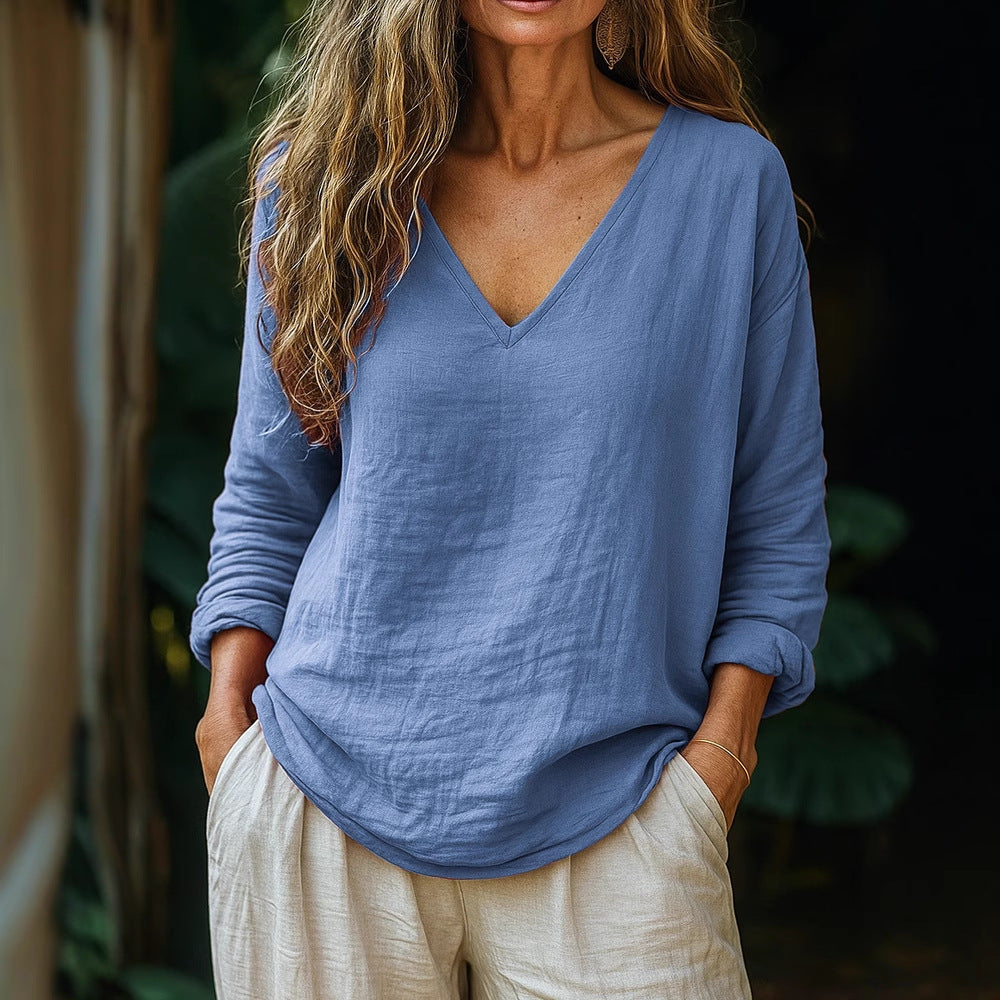 Casual Loose Fashion Cotton And Linen Long-sleeved Top