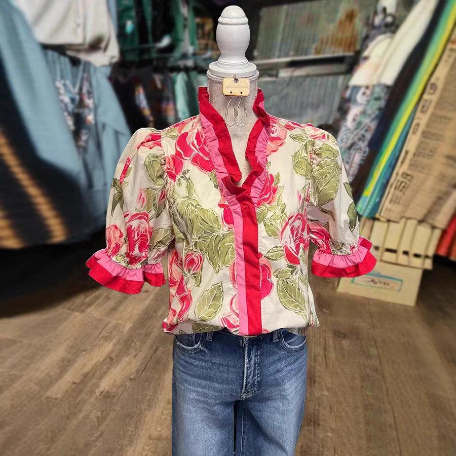 Womens Casual Loose-fitting Fashionable Color-block Printed Top