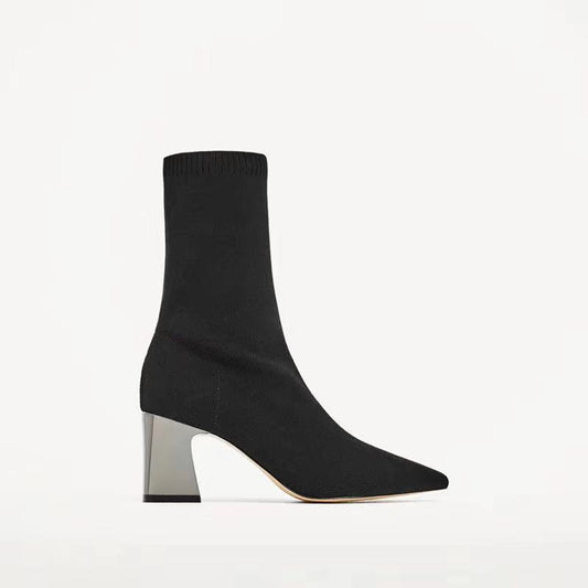 Net Red High Heeled Mid Tube All Match Single Boots